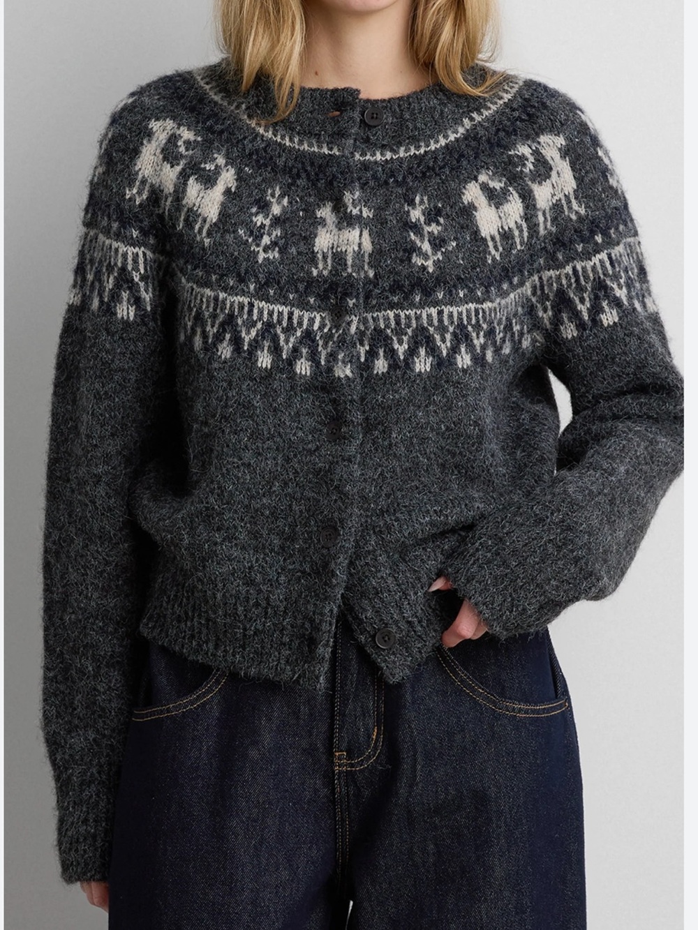 OAK + FORT Charcoal and Cream Fair Isle Wool-Blend Cardigan NWT Size M